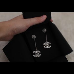 Brand new authentic chanel silver cc crystal dangling earrings